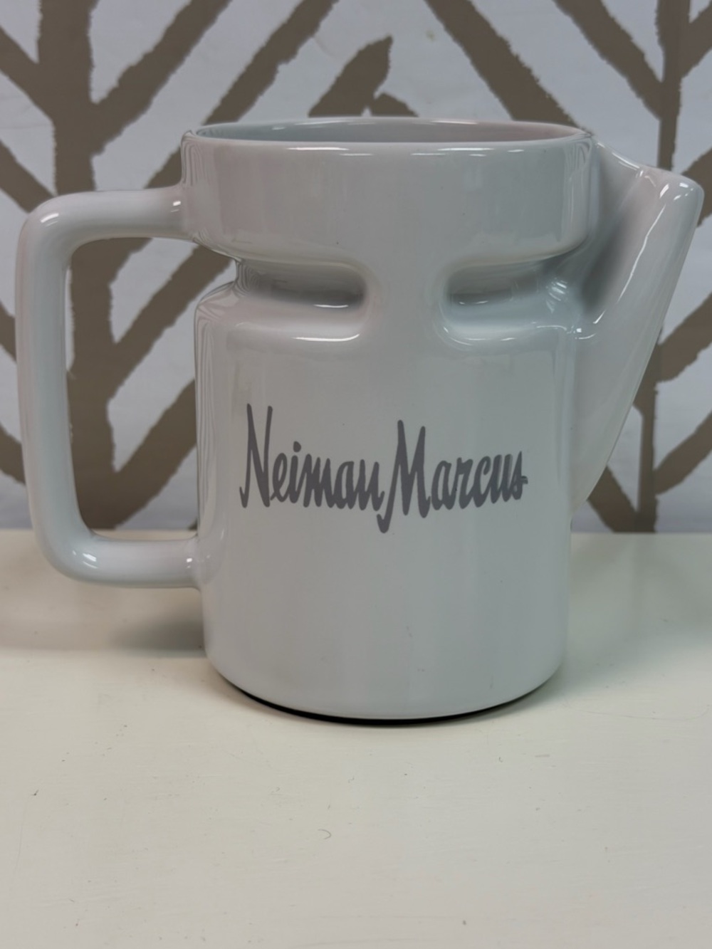 Neiman Marcus White Ceramic Small Pitcher with Gray Script